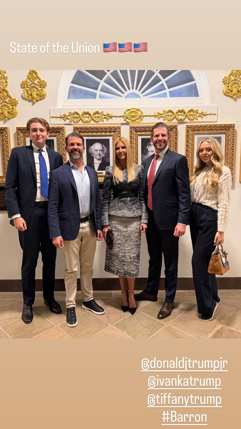 Eric Trump shares an image of Donald Trump Jr., Ivanka, Barron Trump at the White House before the State of the Union.