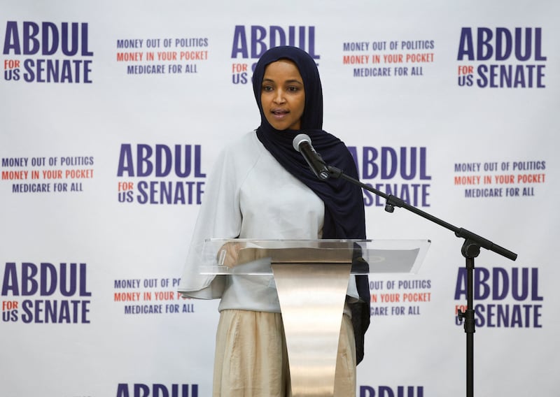 Congresswoman Ilhan Omar (D-MN) speaks to attendees of a campaign rally for U.S. Senate Democratic candidate Abdul El-Sayed in Dearborn, Michigan, U.S., July 31, 2026. REUTERS/Rebecca Cook
