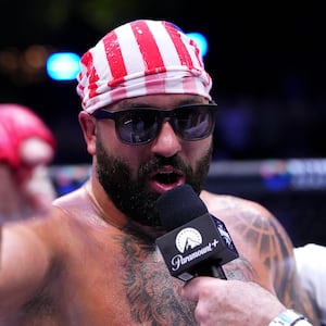 Josh Hokit speaks to Joe Rogan following his win in a heavyweight fight during the UFC Freedom 250 event on the South Lawn at the White House on June 14, 2026 in Washington, DC.