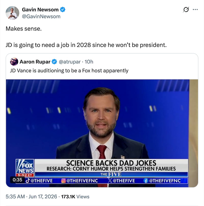 The California Governor used X to mock Vance's attempted hosting of Fox News.