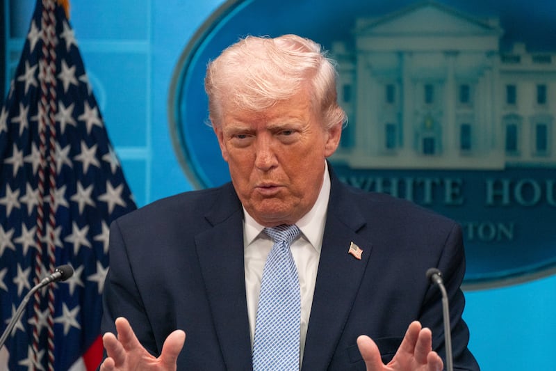 U.S. President Donald Trump speaks to reporters at a briefing on Monday, April 6, 2026 at the White House.