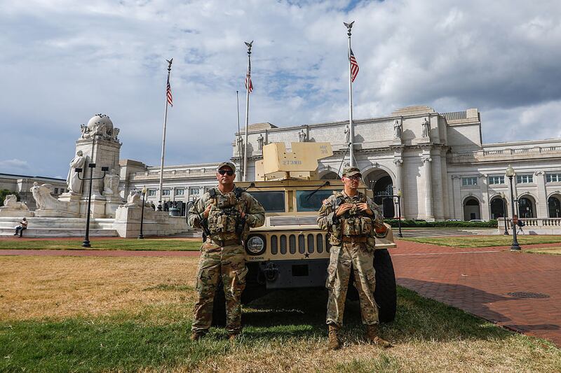 WASHINGTON, UNITED STATES - AUGUST 24 : Members of the National Guard are seen at Union Station on August 24, 2025, in Washington D.C., United States. (Photo by Yasin Ozturk/Anadolu via Getty Images)