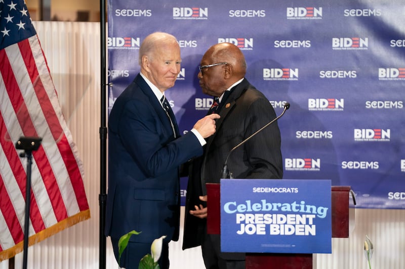Rep. Jim Clyburn was a longtime ally of former President Joe Biden, pictured together last month, and played a key role in helping him with the South Carolina primary and get elected in 2020.