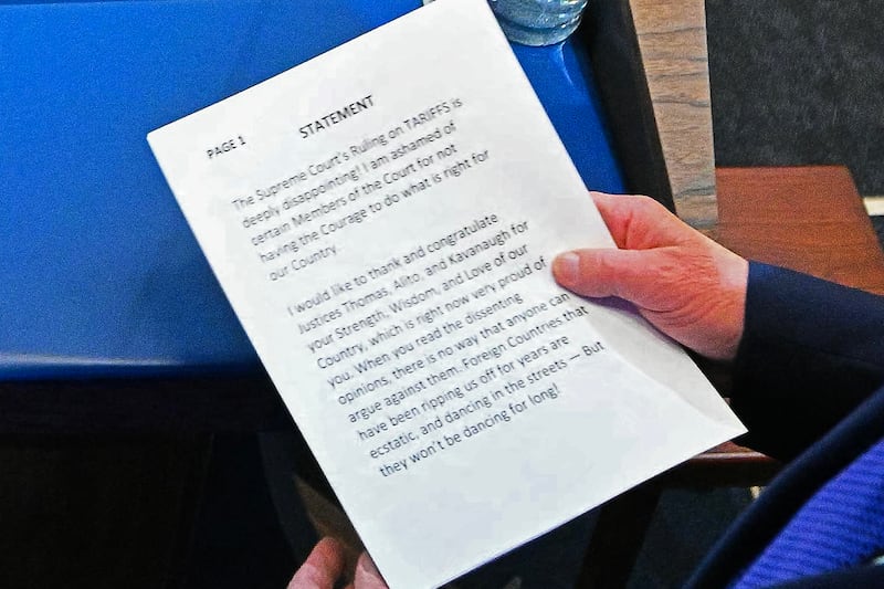 President Donald Trump holds his statement during a press conference in the Brady Press Briefing Room of the White House in Washington, DC, on Feb. 20, 2026.