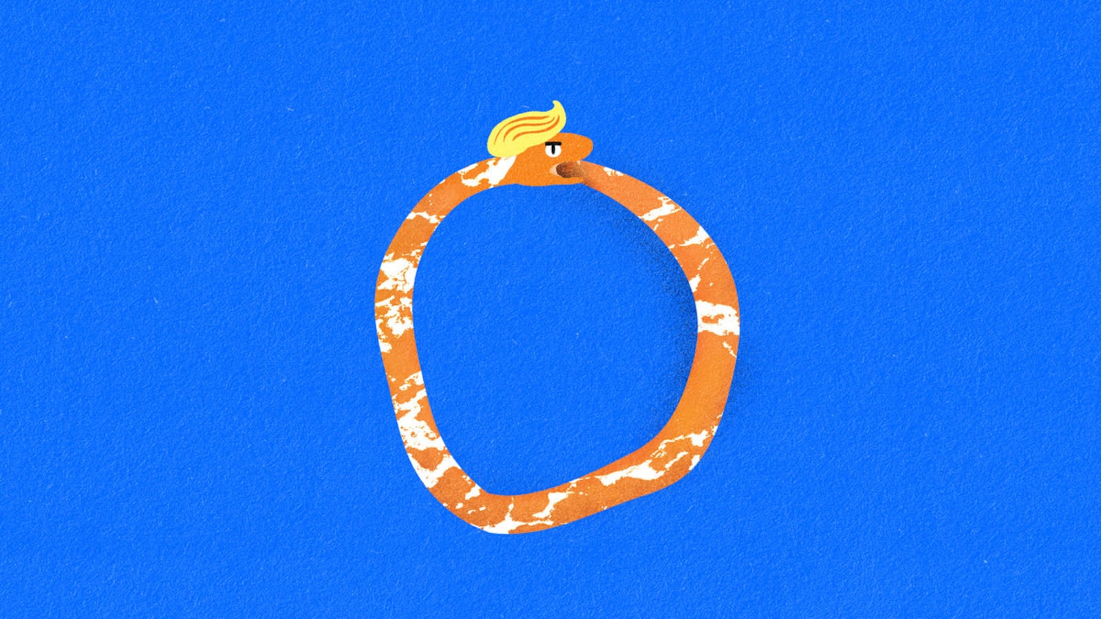 An illustration of an orange snake eating its tail that looks like Donald Trump.