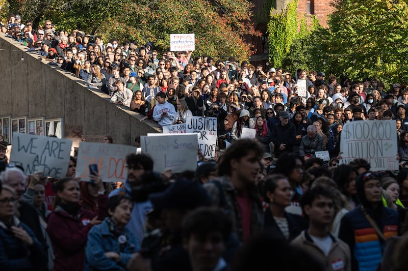 ITHACA, NY - OCTOBER 5: Thousands of Cornell University students and others from the Cornell community fill Ho Plaza for the Justice for Survivors protest hosted by twenty student organizations Monday, October 5, 2026. (Photo by Matt Burkhartt/For The Washington Post via Getty Images)