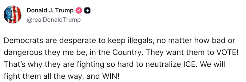 Screengrab of Trump Truth Social post.