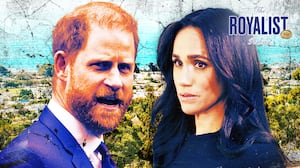 A photo illustration of Prince Harry and Meghan Markle for The Royalist podcast.