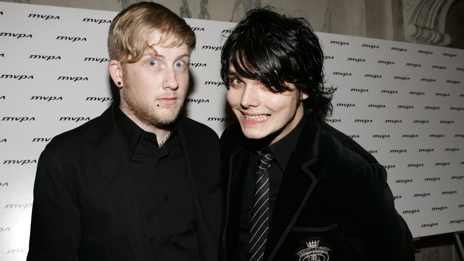 Bob Bryer and Gerard Way of the band My Chemical Romance pose at the Music Video Production Association's 15th Annual MVPA Awards at the Orpheum Theatre on May 11, 2006 in Los Angeles, California.