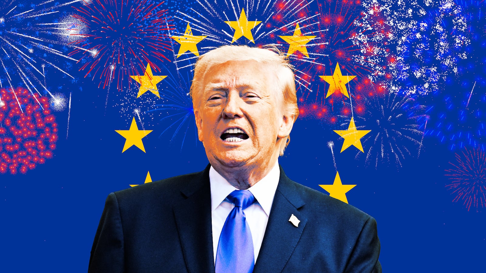 A photo illo illustration of Donald Trump, the EU flag, and fireworks.
