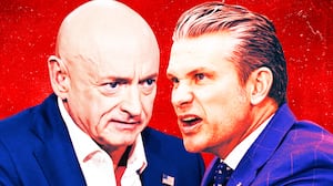 A photo illustration of Sen. Mark Kelly and Pete Hegseth.