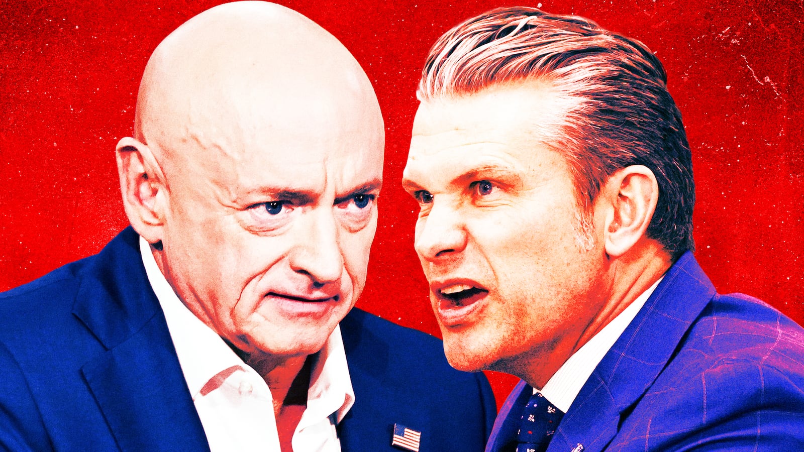 A photo illustration of Sen. Mark Kelly and Pete Hegseth.