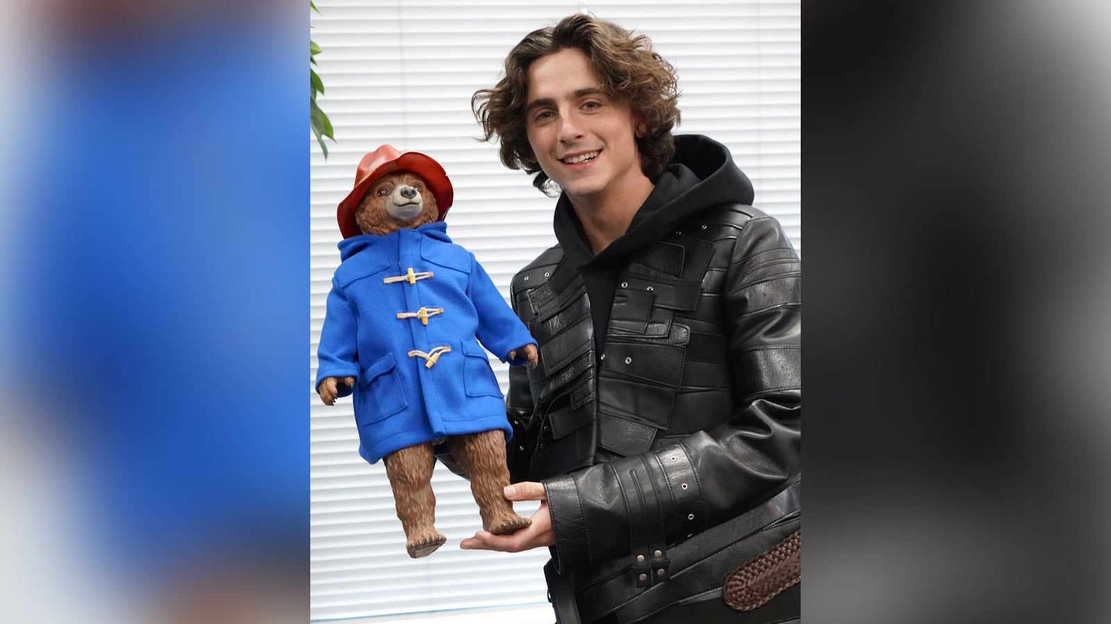 Photo of Timothée Chalamet posing with a statue of Paddington Bear.