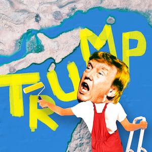 A photo illustration of Donald Trump painting his name over the Strait of Hormuz.