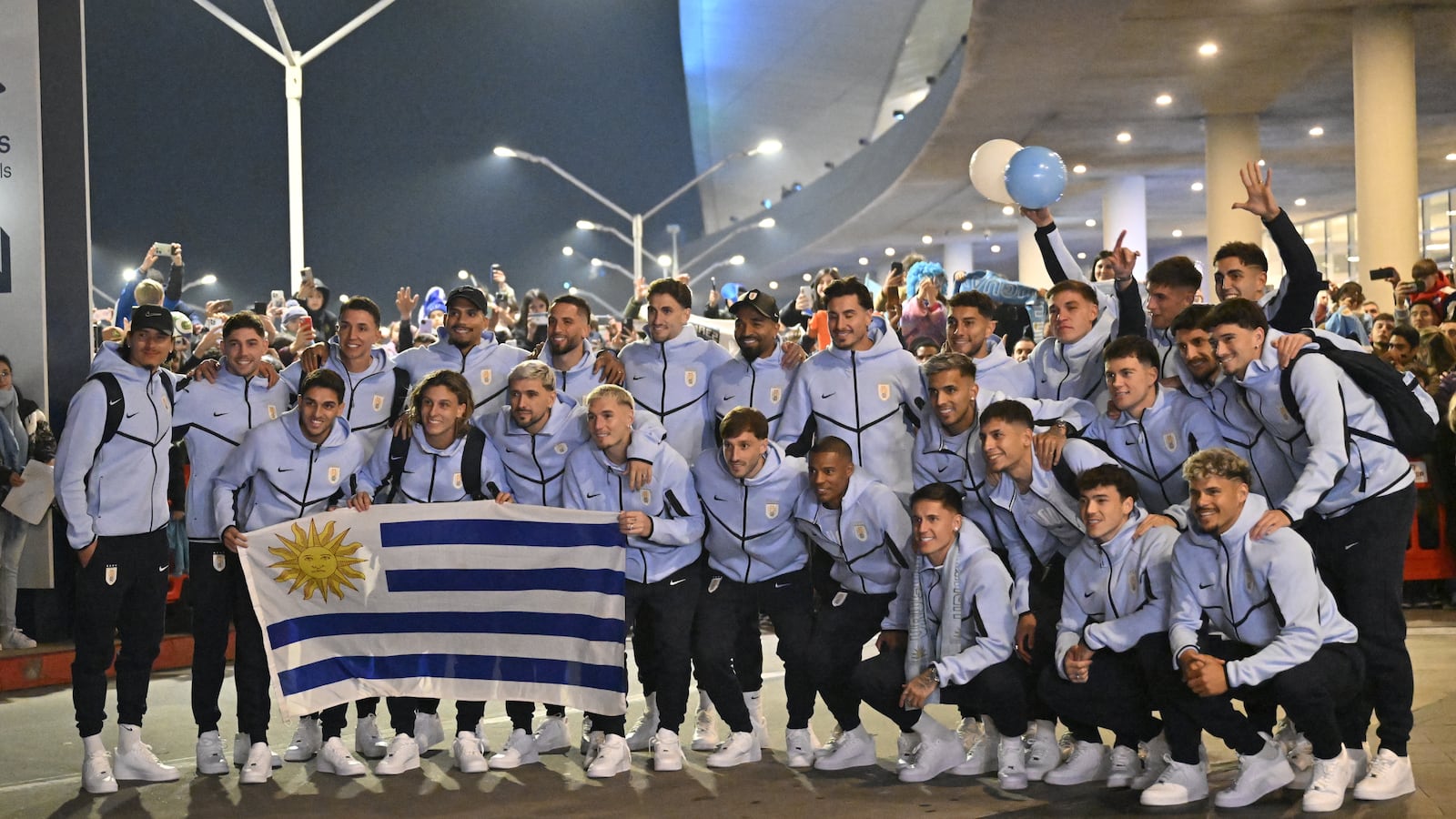 Uruguay's national football team pose for a picture at Carrasco International Airport