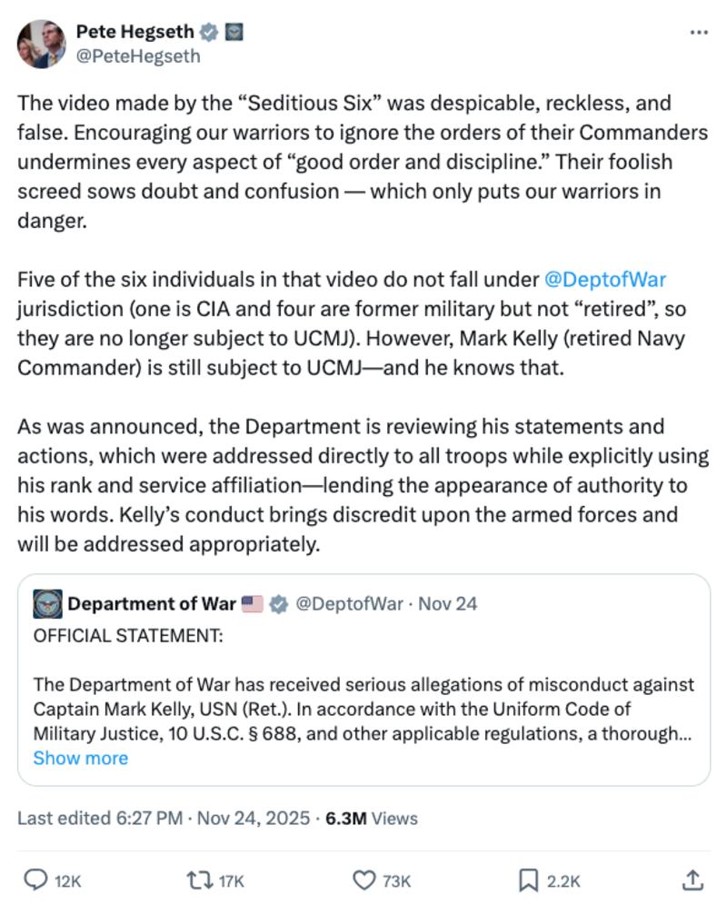 A screengrab of Pete Hegseth's 