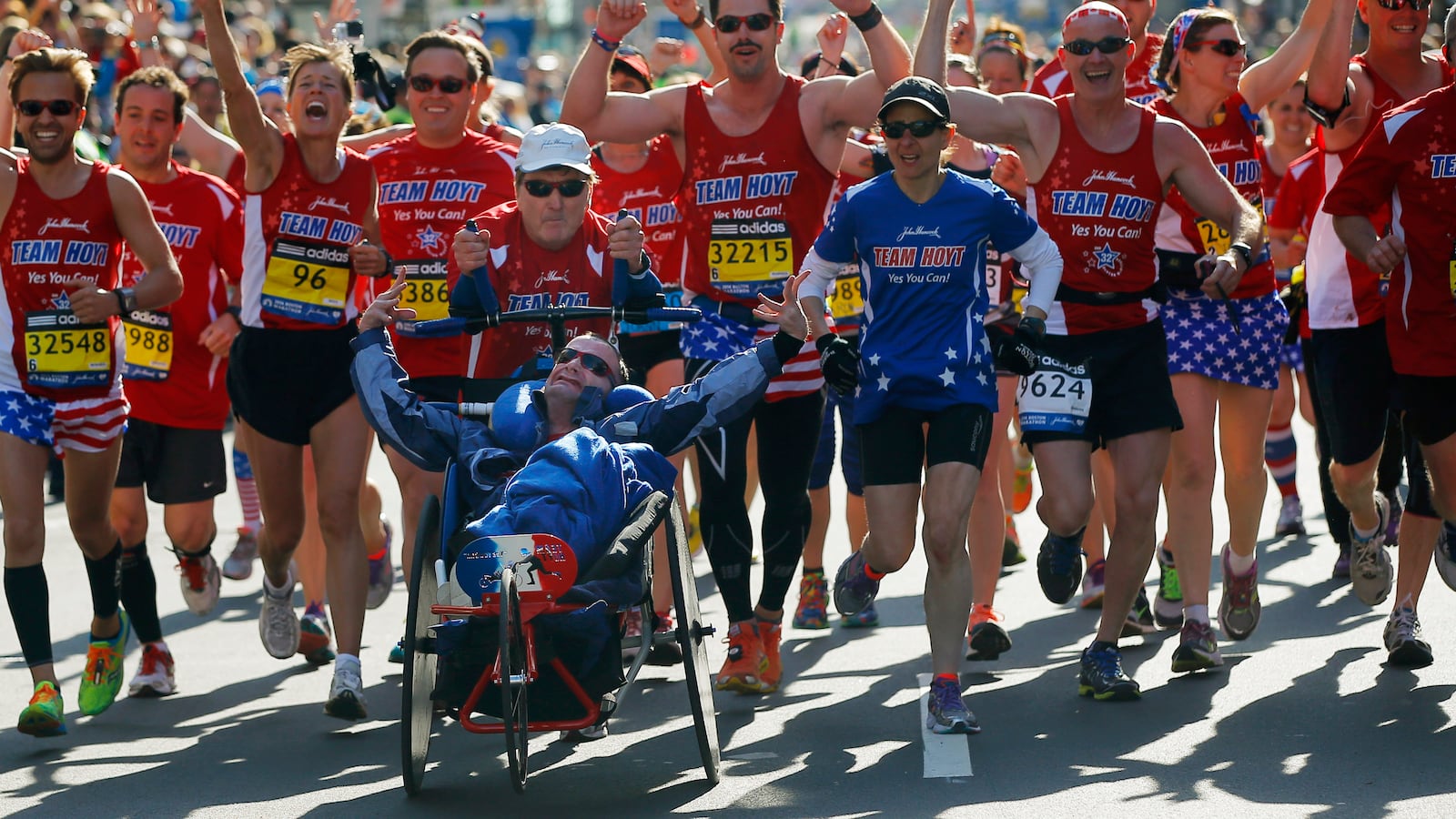 Rick Hoyt and Dick Hoyt running in the Boston Marathon.