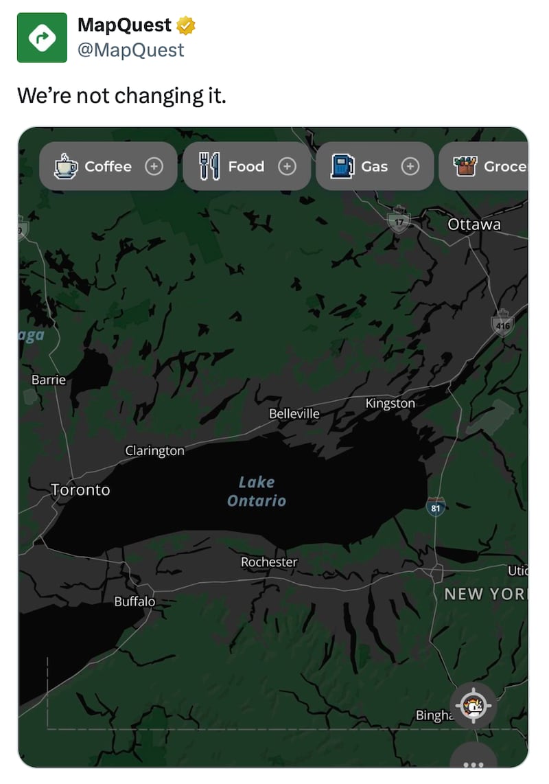 MapQuest takes a stand on Lake Ontario.