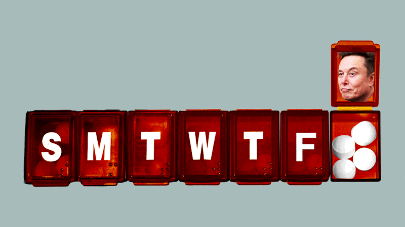 Pill case opening and closing with pictures of Elon Musk