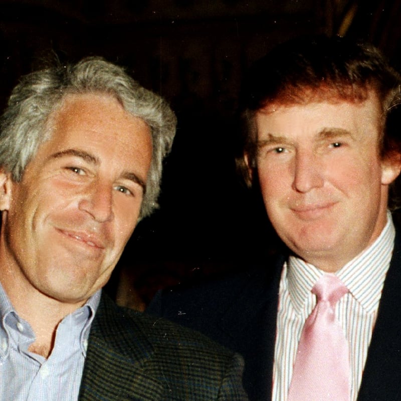 Portrait of American financier Jeffrey Epstein (left) and real estate developer Donald Trump as they pose together at the Mar-a-Lago estate, Palm Beach, Florida, 1997.(Photo by Davidoff Studios/Getty Images)