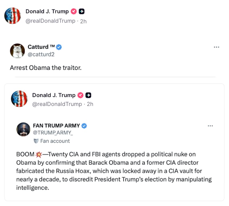 Trump Truth Social post calling for Obama's arrest