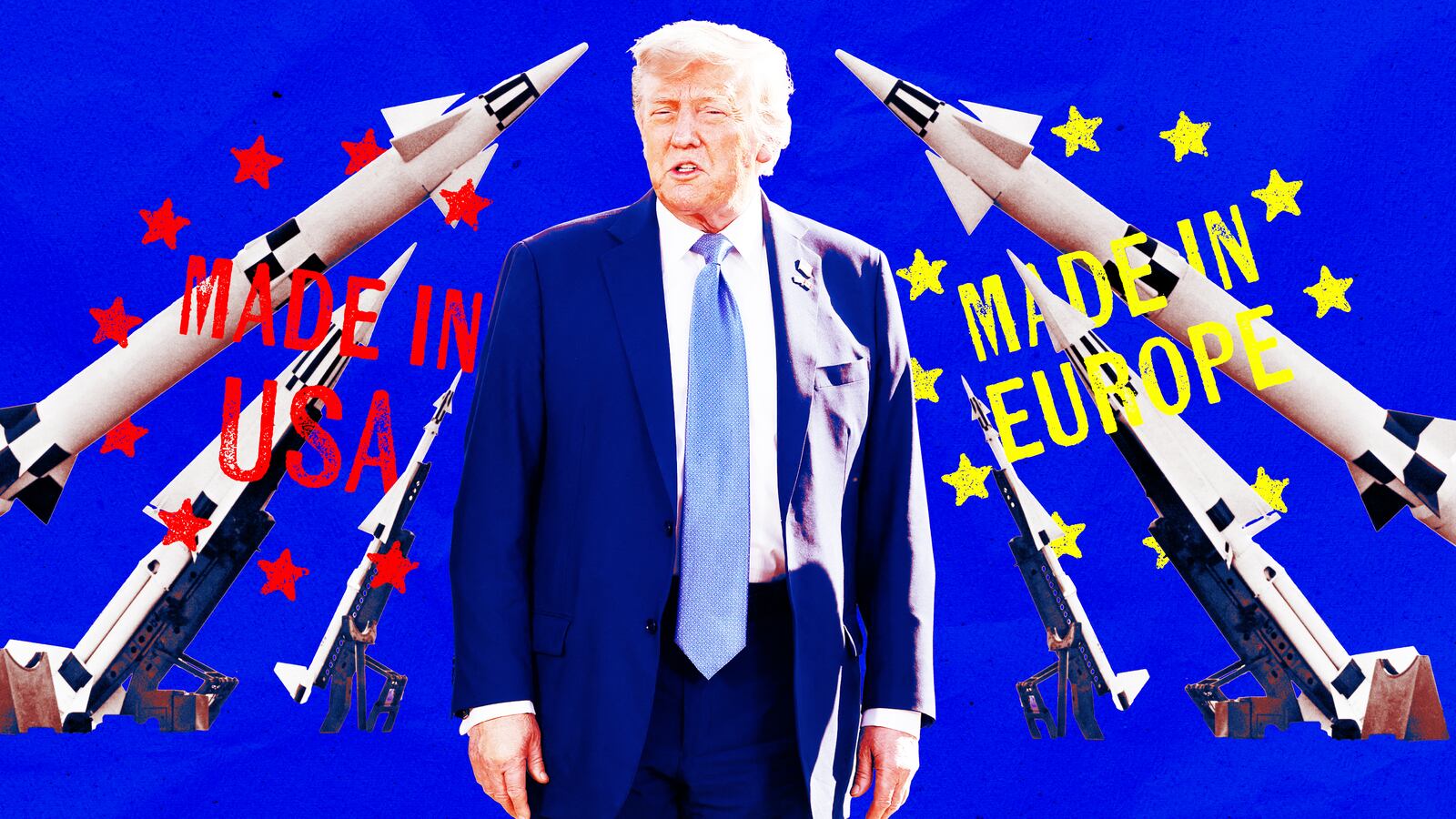 A photo illustration of President Donald Trump surrounded by rockets and Made in America and Made in Europe stamps.