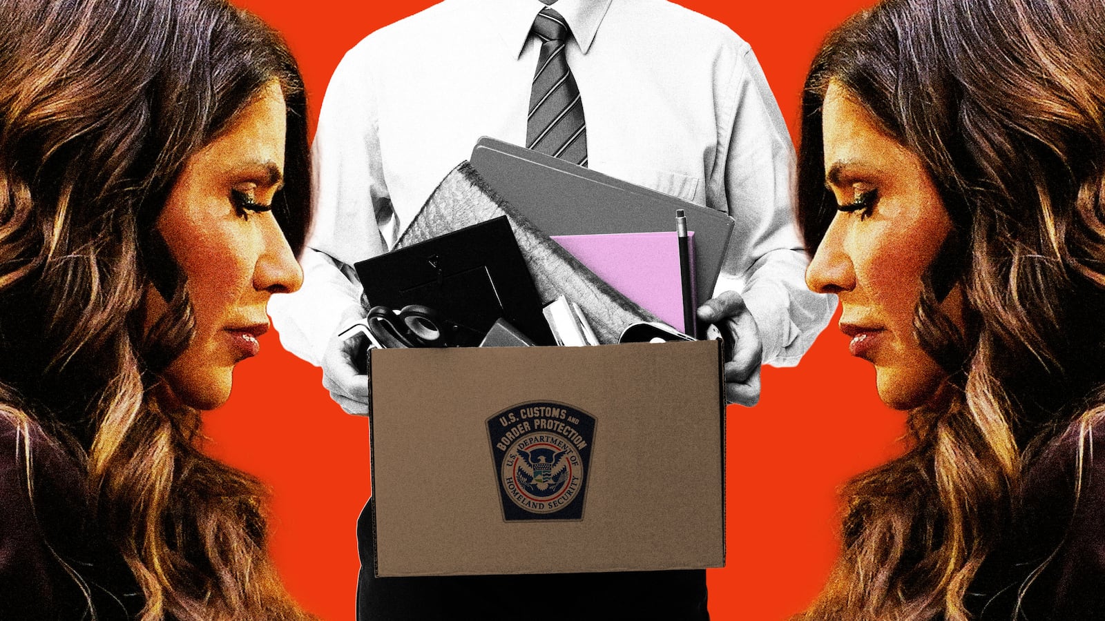 Kristi Noem in front of a man holding a box of items from his office after being fired