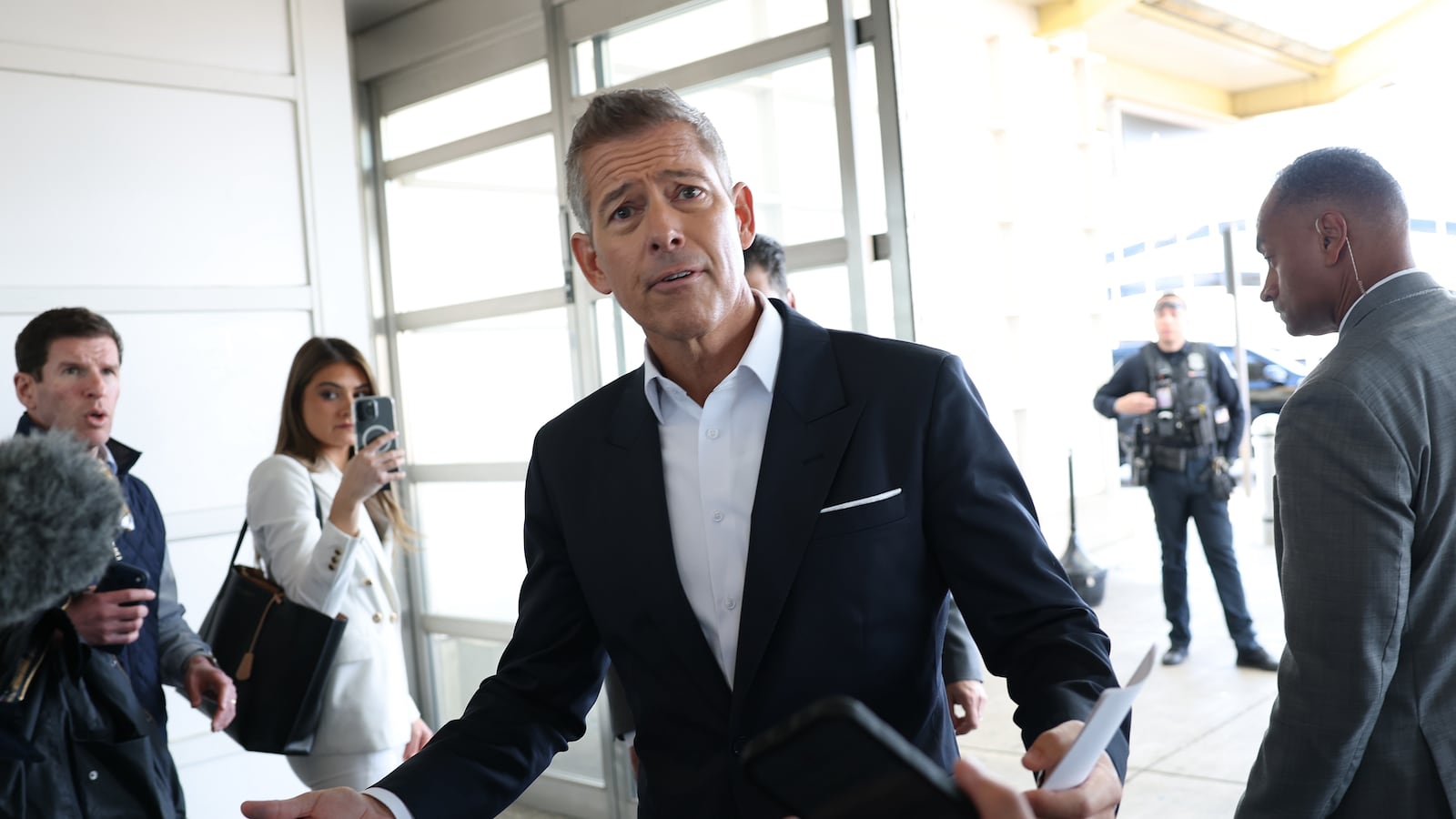 ARLINGTON, VIRGINIA - NOVEMBER 07: U.S. Transportation Secretary Sean Duffy speaks to reporters during a visit at the Ronald Reagan Washington National Airport on November 07, 2025 in Arlington, Virginia. The FAA (Federal Aviation Administration) announced that it will reduce flights by 10 percent at 40 major airports nationwide, amid air traffic control staffing shortages resulting from the federal government shutdown. (Photo by Anna Moneymaker/Getty Images)