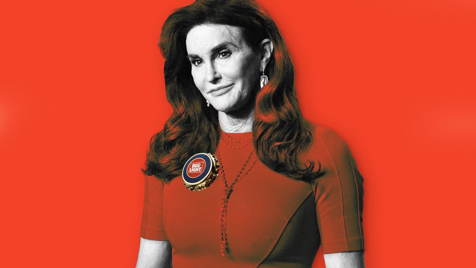 An illustration including a photo of Caitlyn Jenner, former U.S. President Donald Trump, and a bottlecap with the BudLight logo