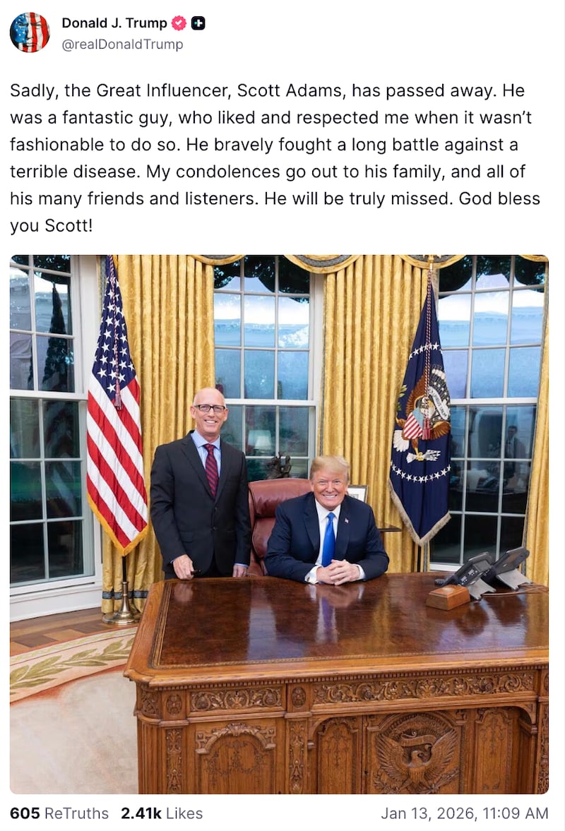 President Donald Trump shared this tribute after Scott Adams’ death was announced.