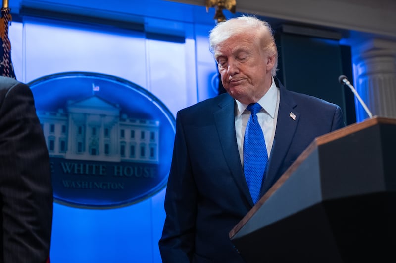 WASHINGTON, DC - FEBRUARY 20: U.S. President Donald Trump answers questions during a press briefing held at the White House February 20, 2026 in Washington, DC. The U.S. Supreme Court today ruled against Trump's use of emergency powers to implement international trade tariffs, a central portion of the administration's core economic policy.(Photo by Aaron Schwartz/Getty Images)