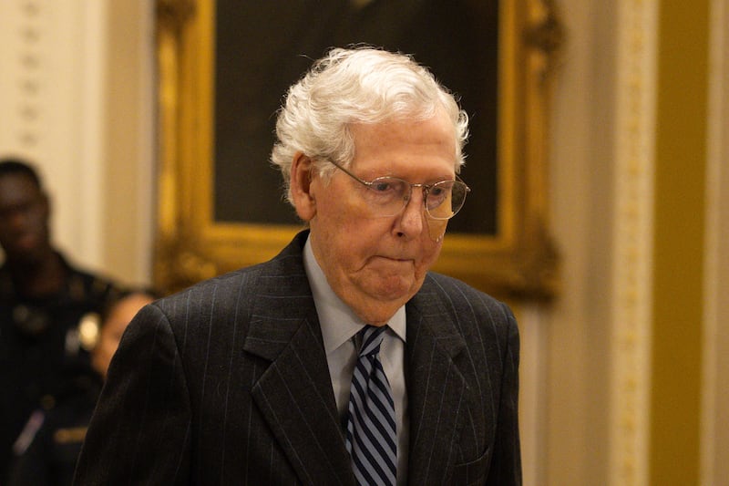U.S. Senate Minority Leader Mitch McConnell (R-KY) walks to his office following a vote after suffering a fall earlier in the day during the Senate Republican lunch in Washington, U.S., December 10, 2024.