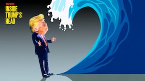 A photo illustration of Trump about to be hit by a blue wave for Inside Trump's Head.