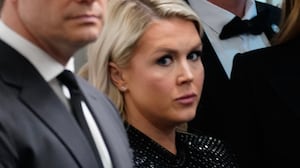 Secretary of State Marco Rubio, U.S. Secretary of War Pete Hegseth, White House Press Secretary Karoline Leavitt, and First Lady Melania Trump listen as U.S. President Donald Trump speaks during a press conference in the Brady Briefing Room of the White House on April 25, 2026 in Washington, DC. President Trump is making a statement after the cancelation of the annual White House Correspondents Association Dinner after a possible shooting.