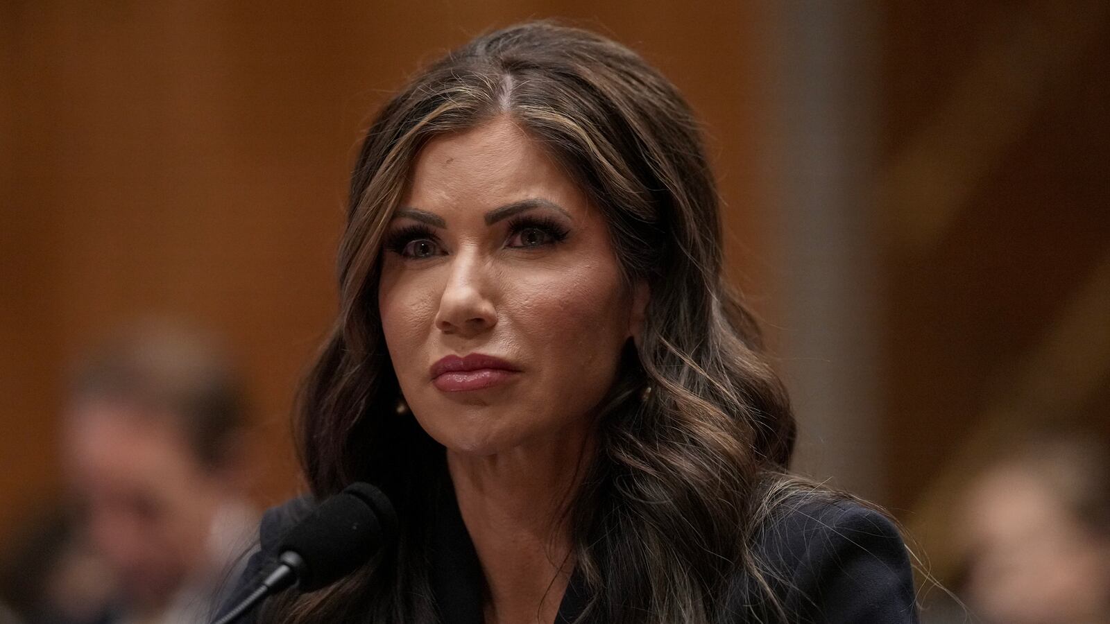 South Dakota Gov. Kristi Noem, President-elect Donald Trump's nominee for Secretary of the Department of Homeland Security, speaks during her confirmation hearing before the Homeland Security and Governmental Affairs Committee on Capitol Hill on January 17, 2025 in Washington, DC.