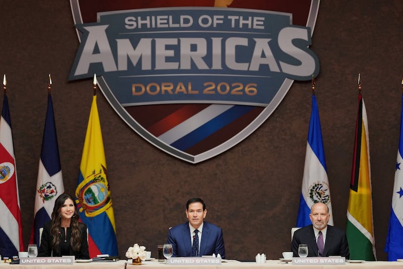 U.S. Secretary of State Marco Rubio attends a working lunch, flanked by Kristi Noem and Commerce Secretary Howard Lutnick, at the Shield of the Americas Summit at Trump National Doral Miami, in Doral, Florida, U.S., March 7, 2026.