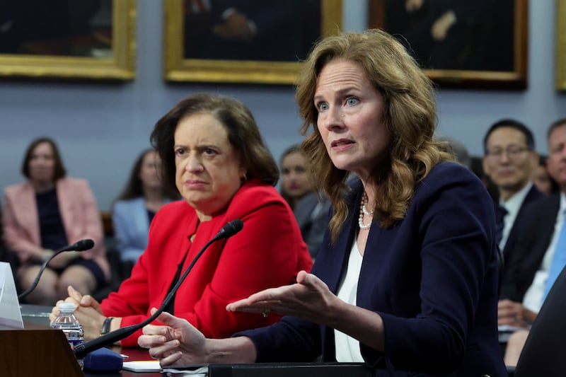 U.S. Supreme Court justice Amy Coney Barrett testifies alongside Elena Kagan before a House Appropriations Financial Services and General Government Subcommittee hearing on the Supreme Court's annual budget request to Congress on Capitol Hill in Washington, D.C., U.S., July 14, 2026.