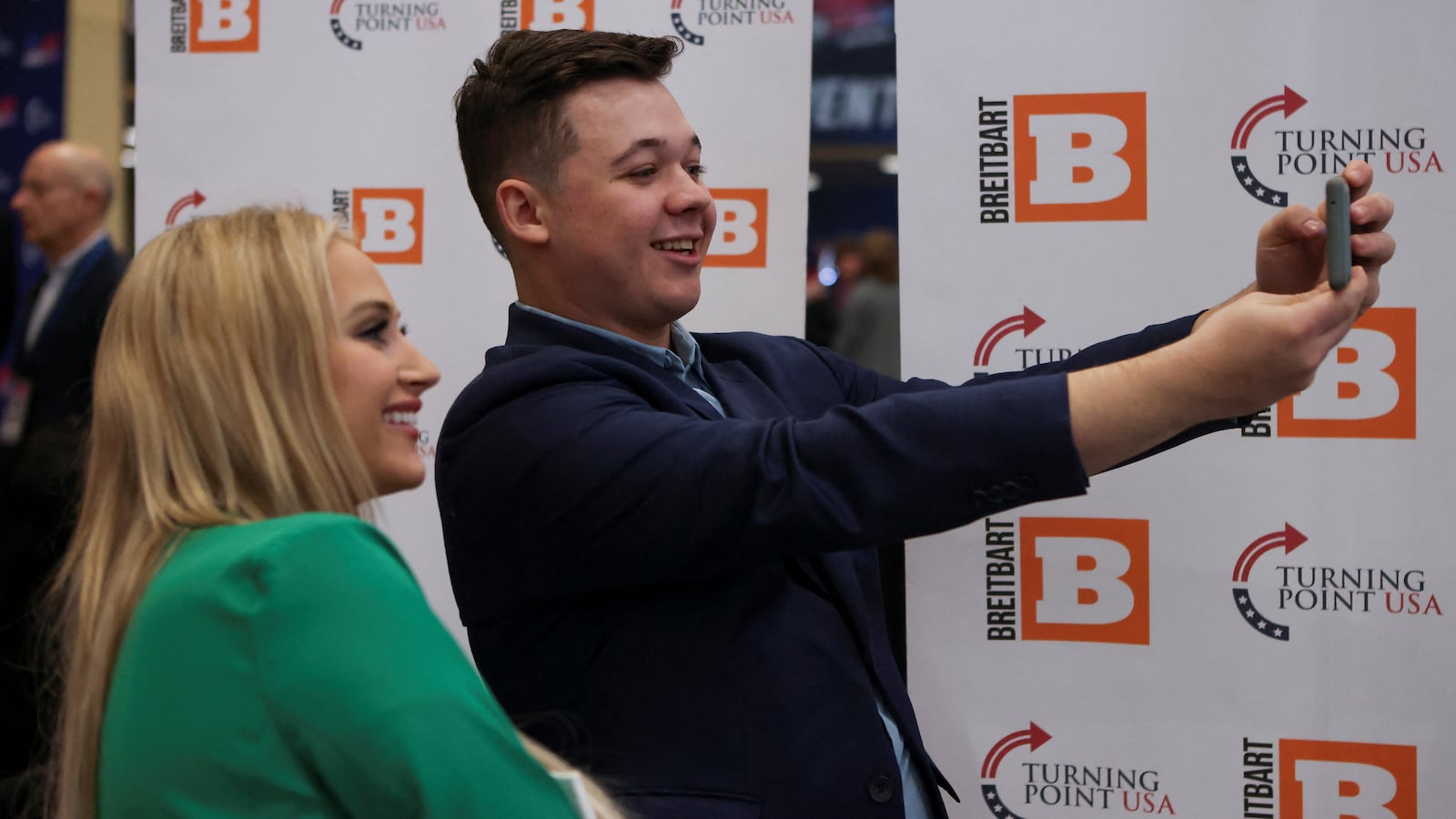 Kyle Rittenhouse takes a selfie with his girlfriend Skyler Bergoon during a right-wing gathering known as America Fest, an event organized by Turning Point USA, in Phoenix, Arizona, U.S., December 18, 2022.