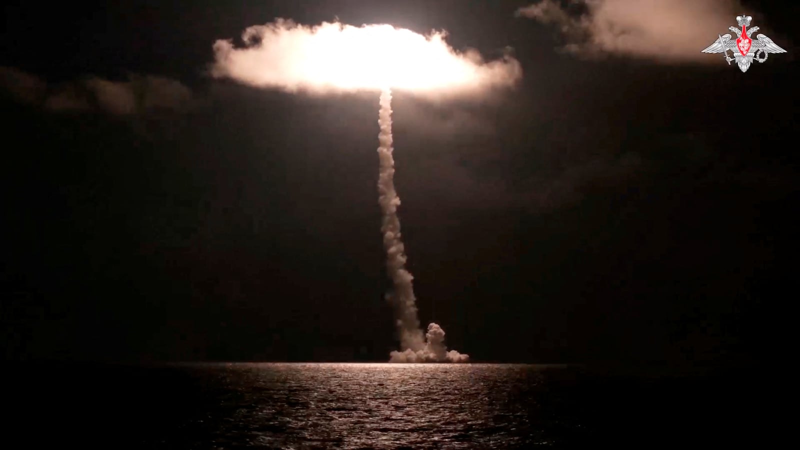 Russia's new nuclear-powered submarine Imperator Alexander III test launches the Bulava ballistic missile, designed to carry nuclear warheads, from the White Sea, in this image taken from video released November 5, 2023.