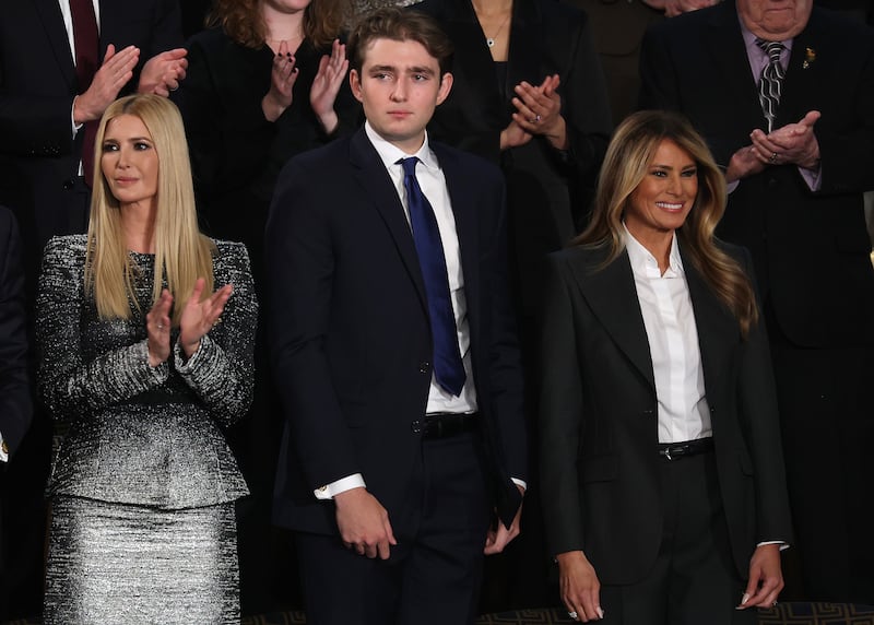Ivanka Trump, Barron Trump and First Lady Melania Trump attend the State of the Union address during a Joint Session of Congress at the U.S. Capitol on February 24, 2026, in Washington, DC.