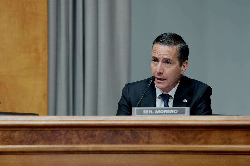 U.S. Sen. Bernie Moreno (R-OH) speaks during a hearing with the Senate Committee on Homeland Security and Governmental Affairs on Capitol Hill on May 20, 2025 in Washington, DC.
