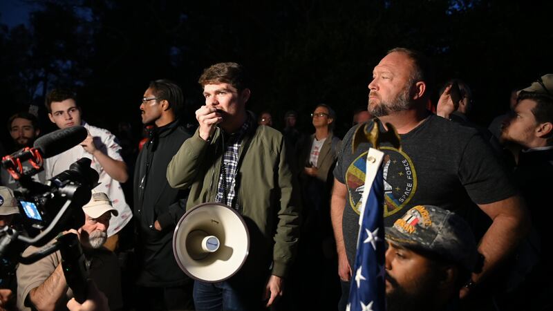 Nick Fuentes alongside Alex Jones during a 'Stop the Steal' Rally in Georgia in November 2020.