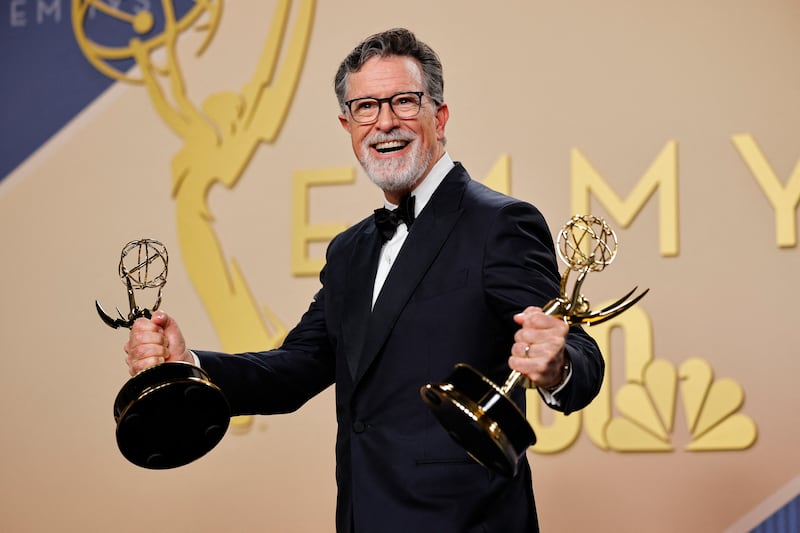 Stephen Colbert poses with the award for Outstanding Variety Series for "The Late Show with Stephen Colbert" during the 78th Primetime Emmy Awards in Los Angeles, California, U.S., September 14, 2026.