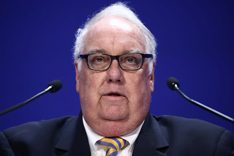 Howard G. Buffett, chief executive officer of the Howard G. Buffett Foundation, addresses the opening plenary on the second day of the Ukraine Recovery Conference in London, Britain on June 22, 2023. HENRY NICHOLLS/Pool via REUTERS