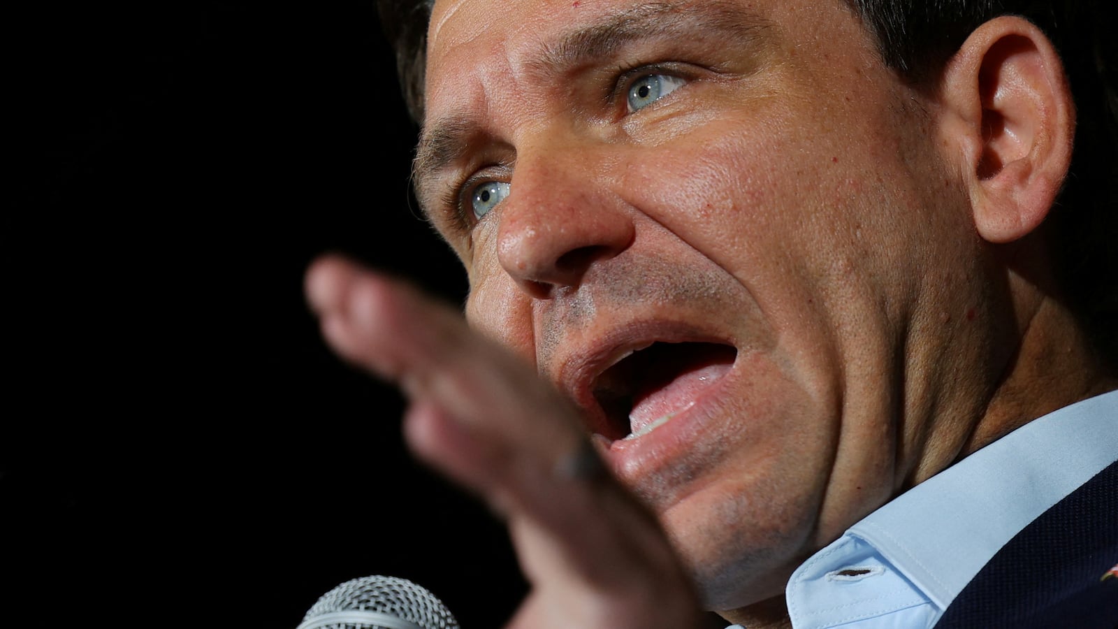 Republican presidential candidate and Florida Governor Ron DeSantis speaks during a campaign stop in New Hampshire.