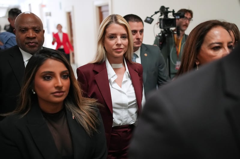 Former Attorney General Pam Bondi arrives to testify at a closed-door interview with the House Oversight Committee on Capitol Hill on May 29, 2026 in Washington, DC.