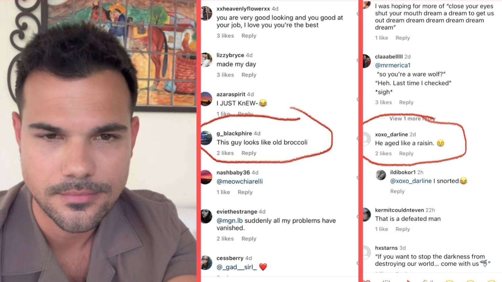 Taylor Lautner next to screenshots of hate comments.