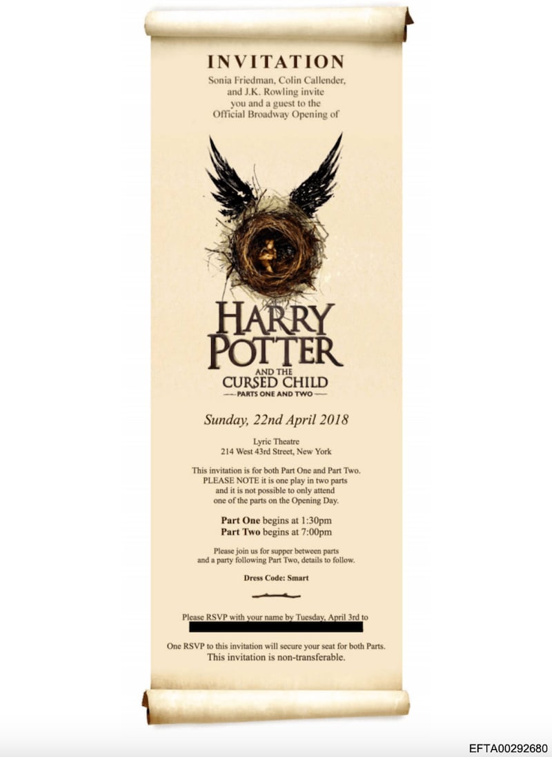 An invitation to the opening of "Harry Potter and the Cursed Child," found within the Epstein files.