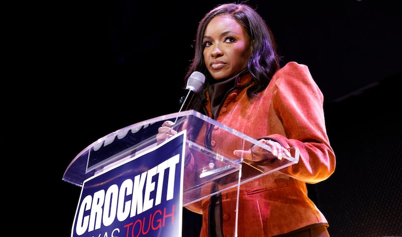 Rep. Jasmine Crockett (D-TX) speaks with supporters during her Senate Primary election night party on March 3, 2026, in Dallas, Texas.
