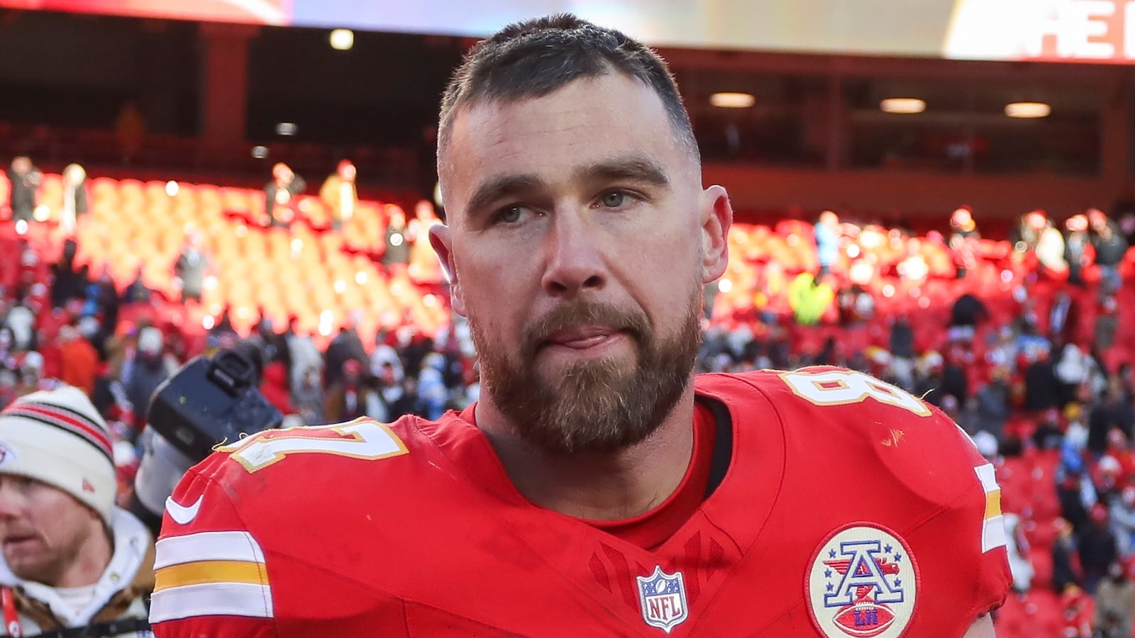 Kansas City Chiefs tight end Travis Kelce (87) after an NFL game between the Los Angeles Chargers and Kansas City Chiefs on December 14, 2025 at GEHA Field at Arrowhead Stadium in Kansas City, MO.